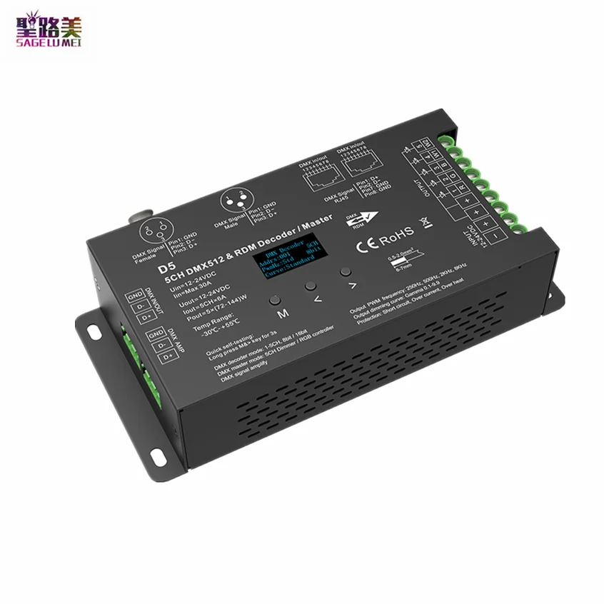 5Ch * 6A 12V-24Vdc Cv Oled Dmx Decoder D5 Dmx512 Controller Master 8 Bit O 16Bit Pwm Per Smd 5050 Rgb + Cct Led Strip Lights Tape