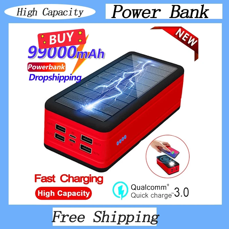 99000mAh Solor Charger Portable Charger LED Light Poverbank Powerbank 99000MAh External Battery For IPhone Xiaomi Samsung Huawei 12v power bank