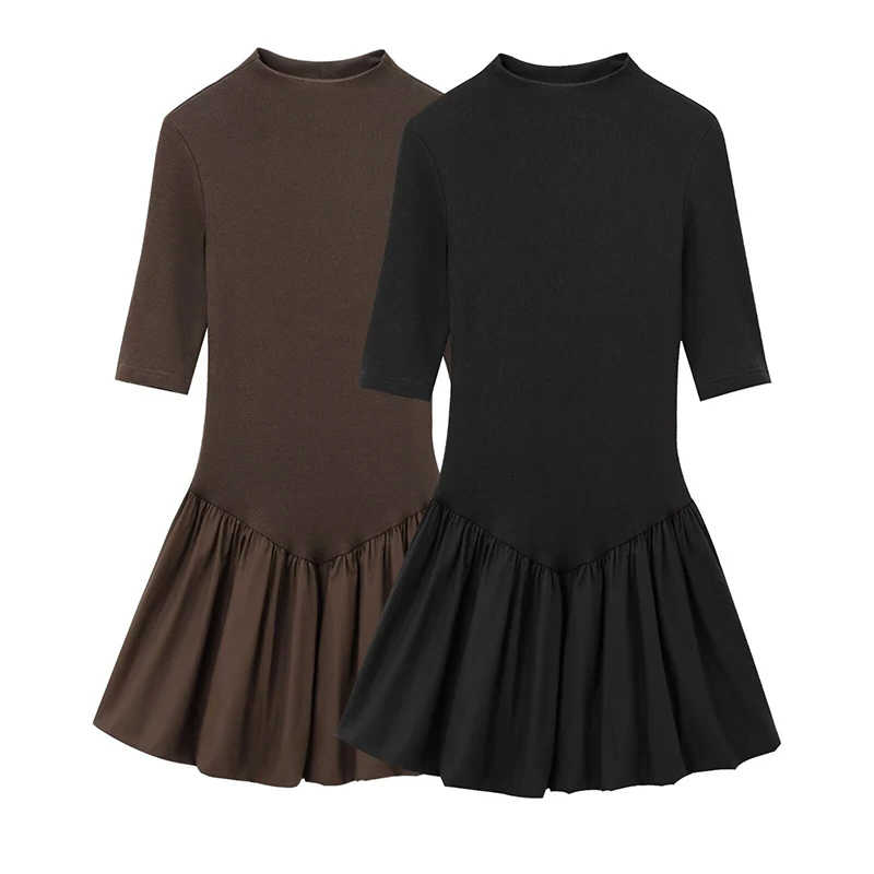 Elegant Pleated Mini Dress Women Brown O-Neck Sleeveless A Line High Waist Party Dresses Fashion Casual New Zipper Robes