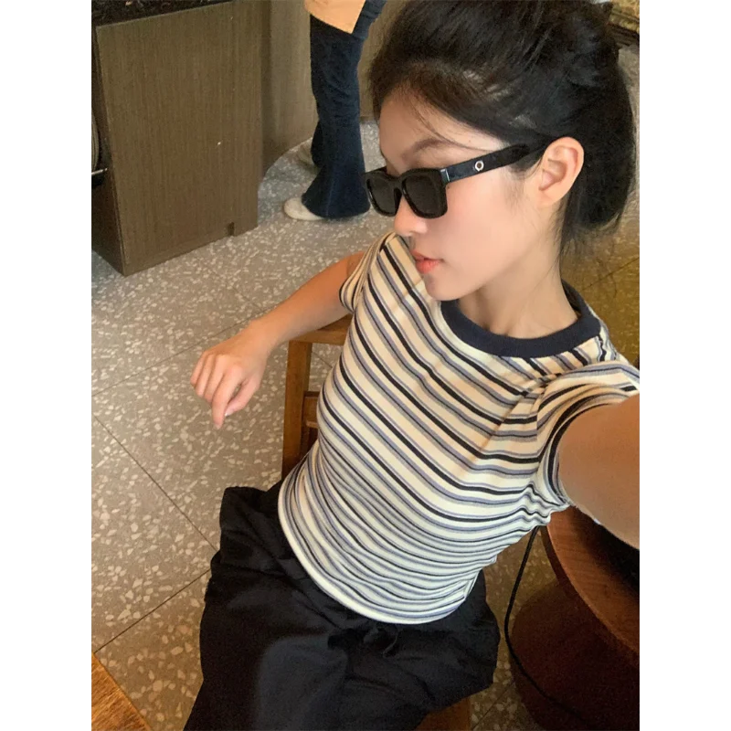 Vintage Women Y2K Striped Crop Top T-shirts for Women Slim Casual Short Sleeve Tee Sweet Tops Fashion Clothes 2025 Summer New 2