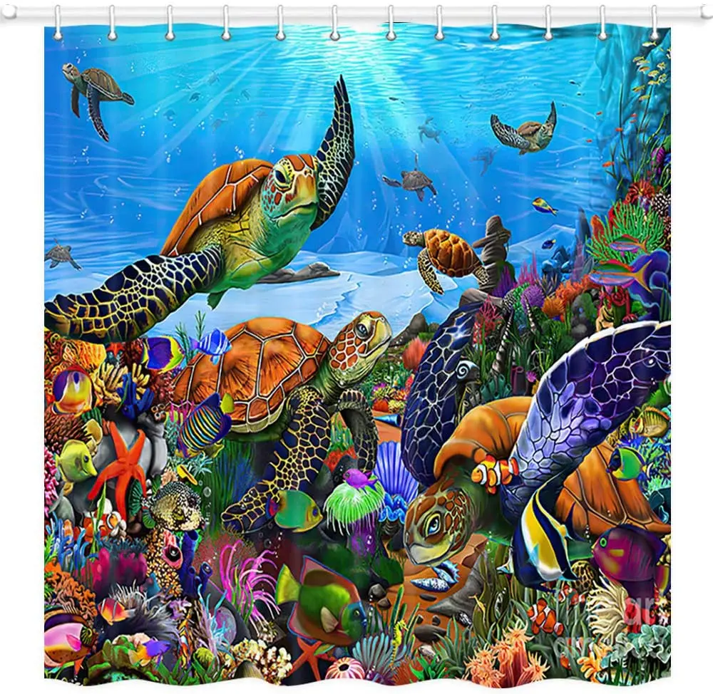 

Underwater Sea Life Shower Curtain Set Ocean Turtle Fishes Bathroom Curtains Decor Accessories with Hooks Polyester Waterproof