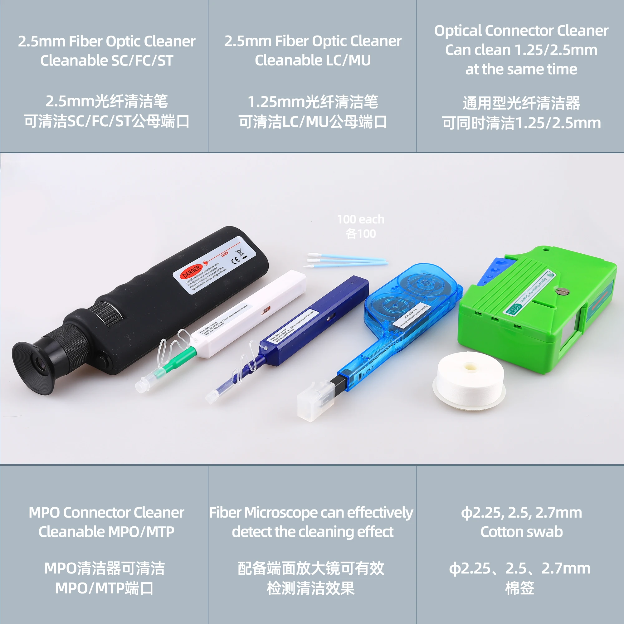 Fiber Optic Cleaning Kit 1.25/2.5mm Cleaning Pen with 400X Fiber Optic Detector Cleaning Box Alcohol Bottle and Cleaning Rod