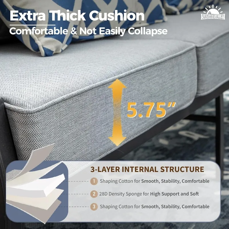 7 Piece Metal Outdoor Patio Furniture Set, Patio Conversation Sets 3-seater Sofa, 2 Rocking Chair, 2 Ottomans with 5.75" Thick 2