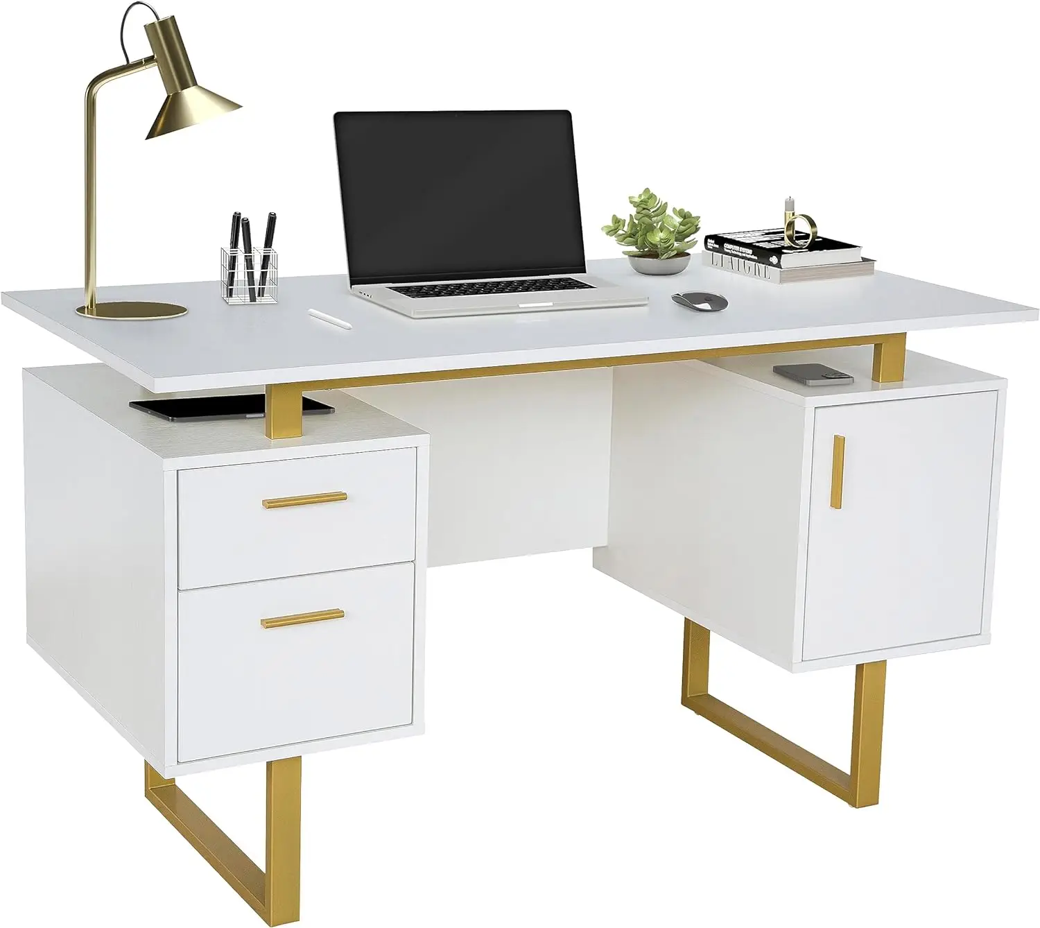 

Techni Mobili Storage Drawers and Cabinet 51.25” W-Modern Office Large Floating Desktop Surface Desk, White/Gold