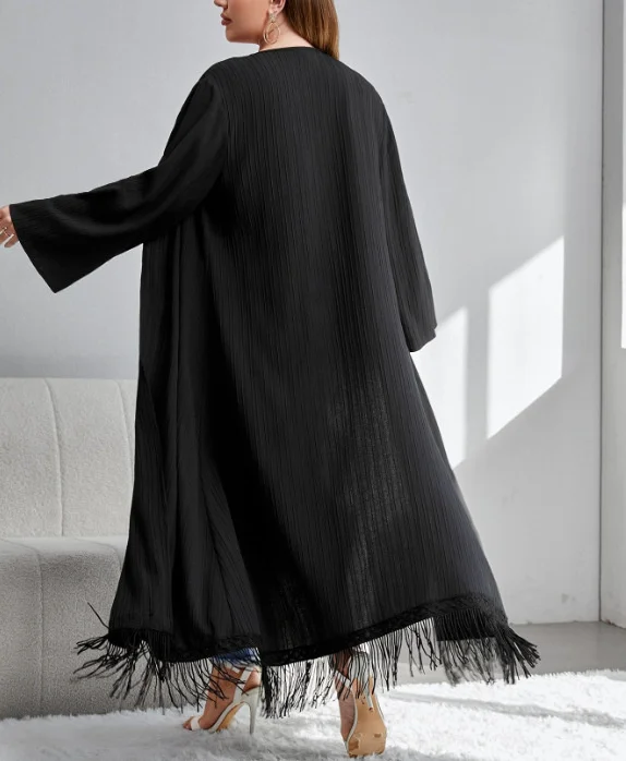 Abaya for Women Spring 2023 Large Cardigan Coat Solid Textured Tassel Art Long Sleeve Temperature Cardigan Dubai Women Robe