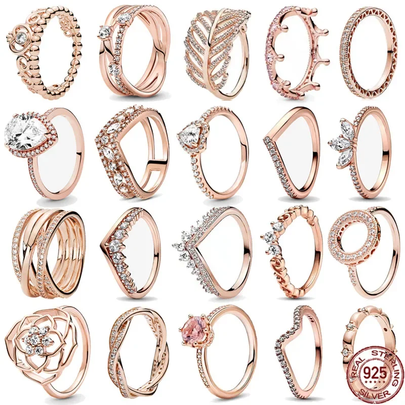 Anillo Clalsico De La Serie De Oro Rosa Para Mujer, Plata De Ley 925, Brillante, Corona Rosa,