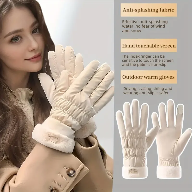 Cute Padded Touch Screen Gloves Women Winter Fleece Thickened Warm Cycling Mountaineering Skiing Plush Cotton Waterproof Glove 6