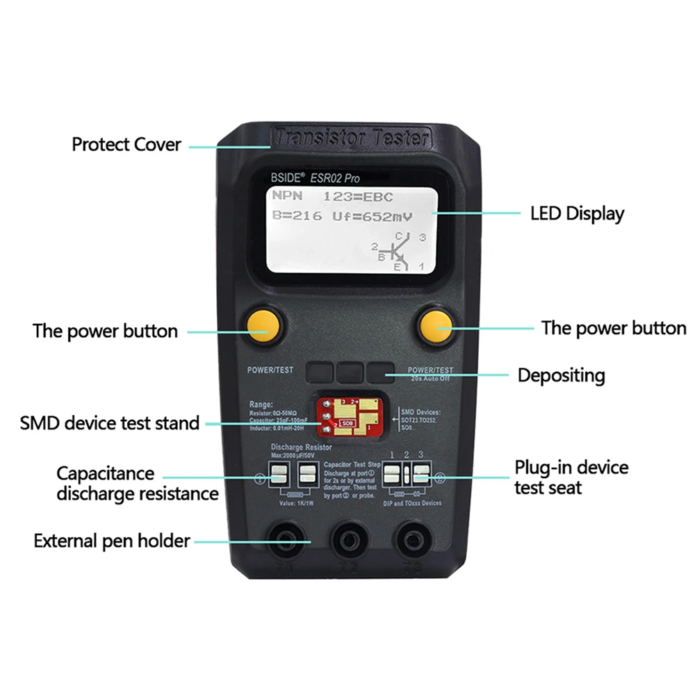 BSIDE Multi-purpose Transistor ESR/SMD Tester ESR02pro Smart Diode Triode Capacitance Resistor Meter LCD meter MOS/PNP/NPN test