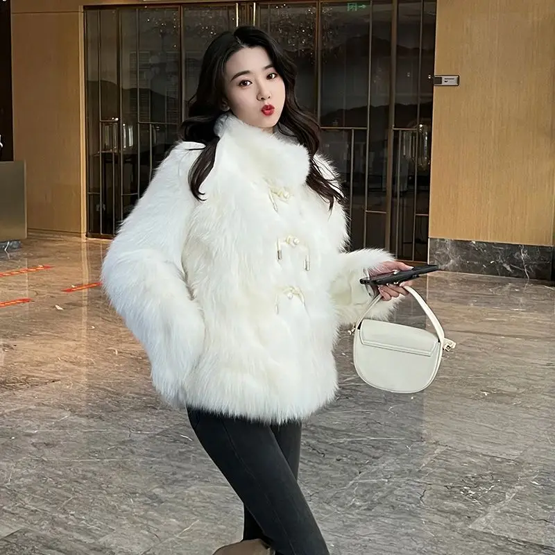 Pearl Button Fluffy Fur Coat Women Warm Faux Fox Fur Coat Luxury Brand Designer Clothing Stand Up Collar Long Sleeve Korean Chic