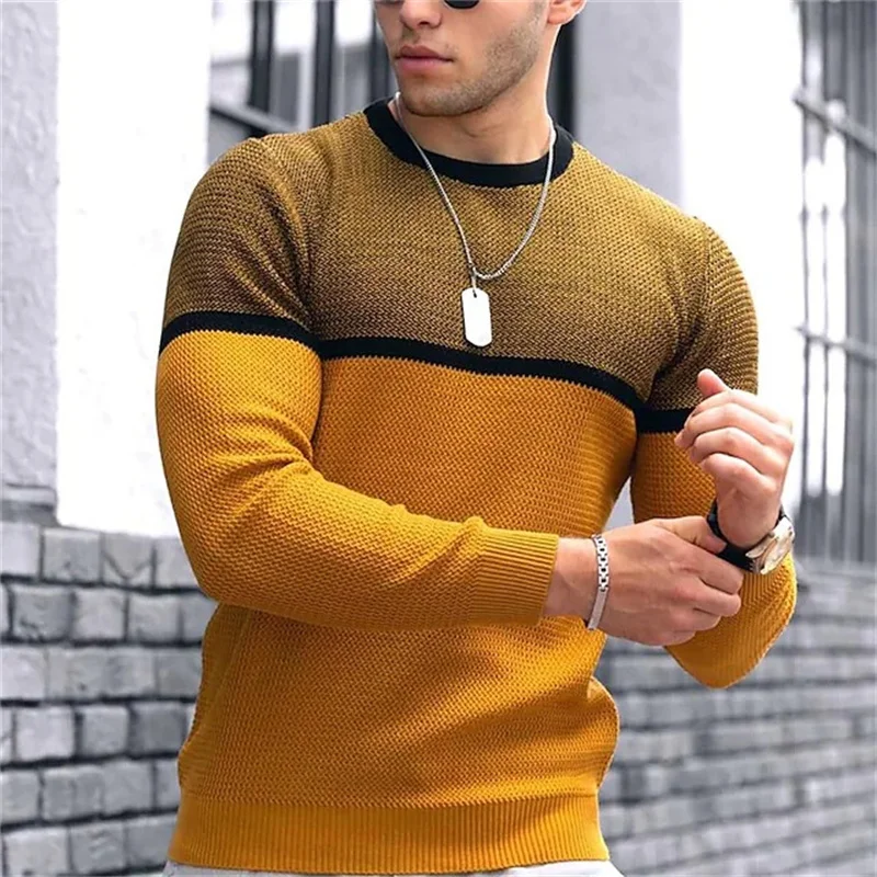 Spring Autumn Men's Round Neck Casual T-shirt Fashion Loose Large Pullover Top Harajuku Color Matching Long Sleeve Knitwear fashion 2021 women s autumn long sleeved t shirt retro print pullover casual loose o neck harajuku mid length top blouse
