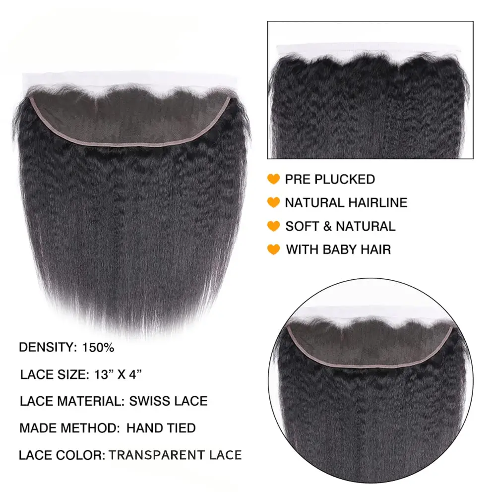 Brazilian Virgin Kinky Straight Human Hair 13x4 Lace Frontal Yaki Straight Ear to Ear Lace Frontal With Baby Hair Free Part
