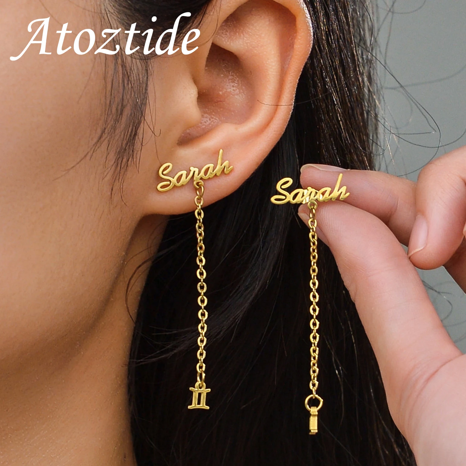 Atoztide Personalized Custom Name Stud Earrings for Women Stainless Steel With Chain Constellation Heart Letter Jewelry Gift extra large burmese rosewood jewelry box chinese style cosmetic storage sundry earrings necklace display gift box wholesale