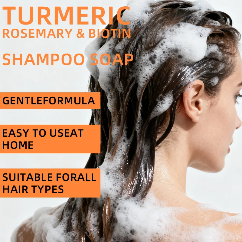 YUITIKUE Turmeric, Rosemary, and Biotin Shampoo Bar is gentle and refreshing, suitable for hair.