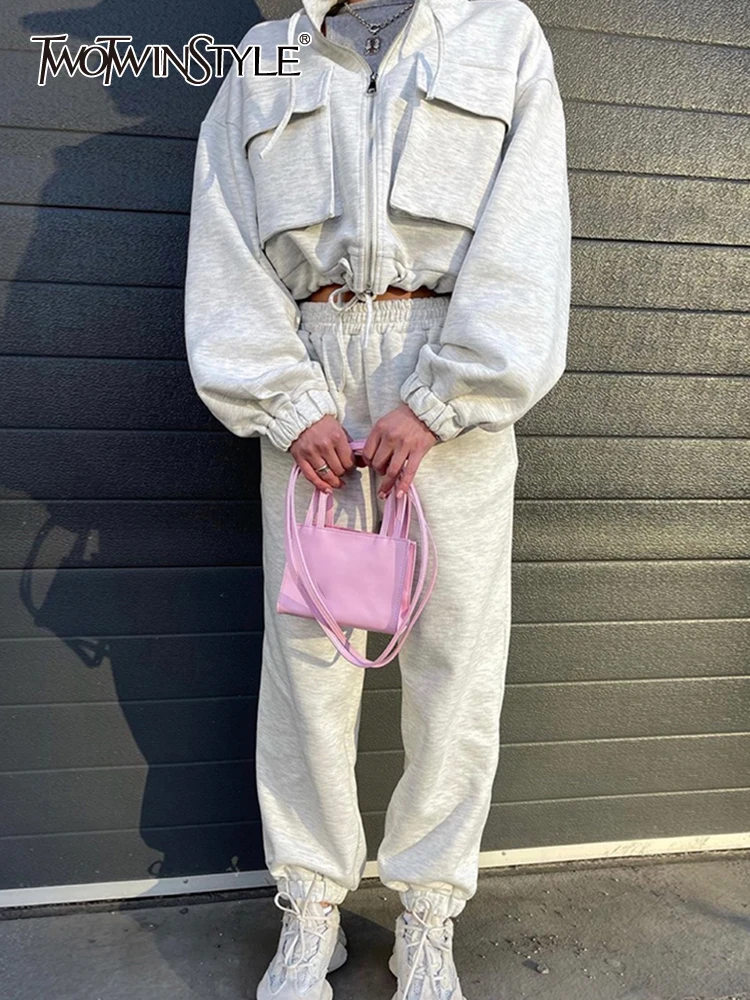 

TWOTWINSTYLE Patchwork Drawstring Two Piece Sets For Women Stand Collar Long Sleeve Coat High Waist Solid Pant Casual Set Female