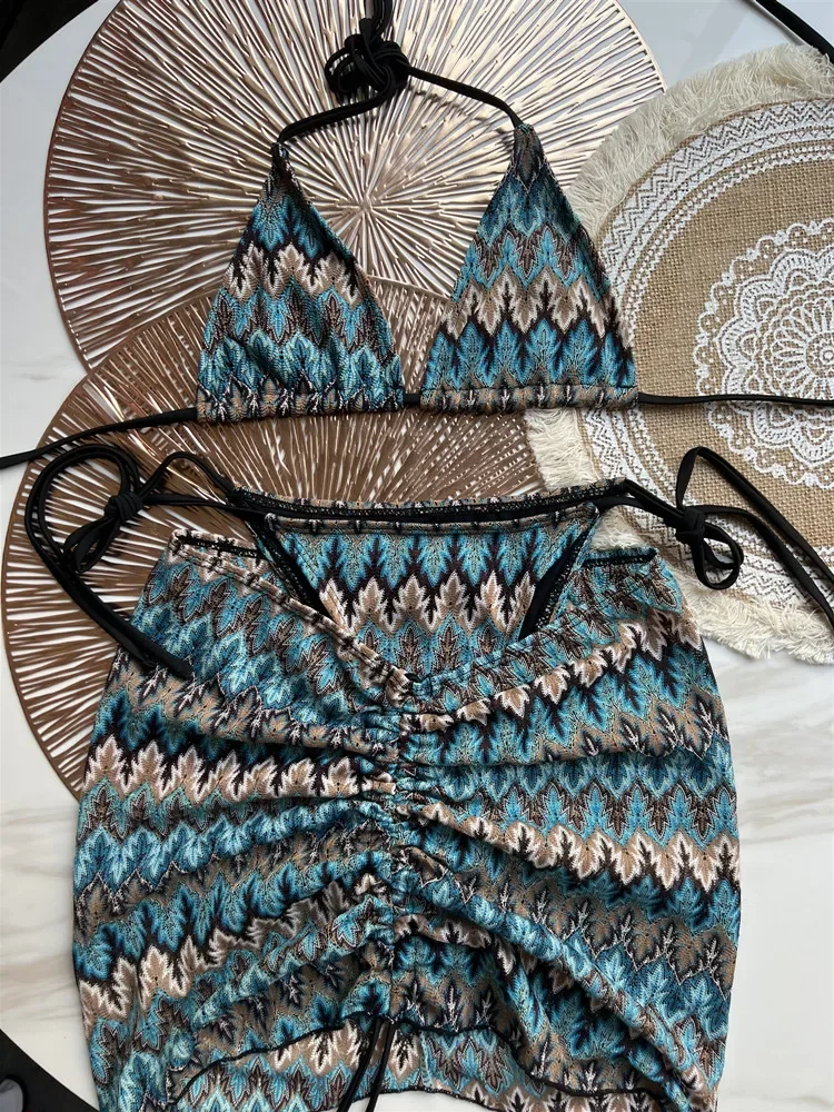 2024 Women Swimsuit Colored Maple Leaves Knitted Bikini Skirt Three-Piece Set Split Swimsuit Bikini Swimwear Women Micro Bikini