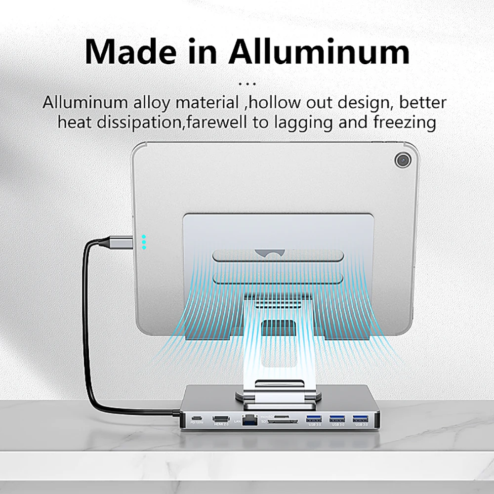 4K 60Hz Type C Docking Station Aluminum Alloy Laptop Stand USB3.0 PD RJ45 HDMI USB Hub 9 in 1 Adapter Dock for Laptop Tablet 4