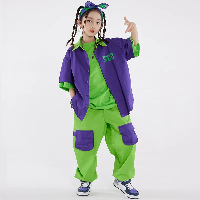 Hip Hop Dance Costume Purple Shirt Coat Green Cargo Pants Girl Boys Jazz Performance Outfit Fashion Kids Clothing BL10632