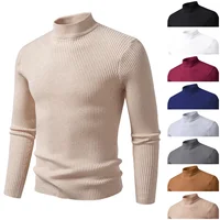 Men's Casual Knitted Sweater Half High Collar Autumn Winter Fashion Solid Color Overhead Base Layer Trendy Striped Top