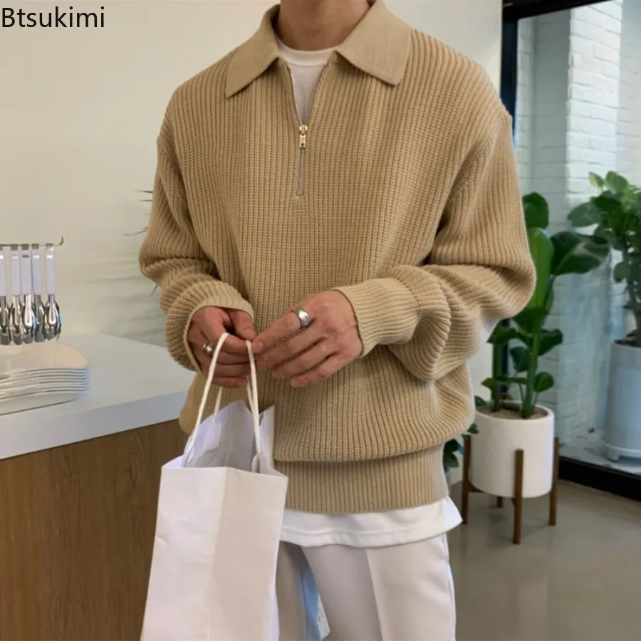 

New 2024 Men's Half Zipper Sweater Pullovers Autumn Winter Retro Lapel Knitted Loose Tops Fashion Casual Solid Sweaters for Men