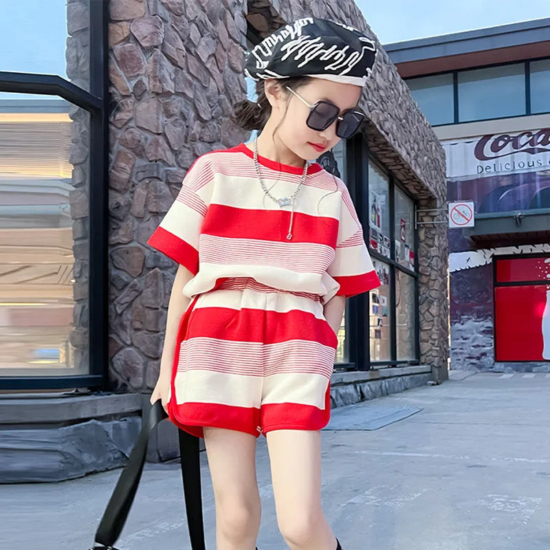 

Girls Fashion Suit Summer Child Short Sleeve Top + Five Cent Shorts Children's Two-Piece Set 6-14 Y Teenage Casual Clothing