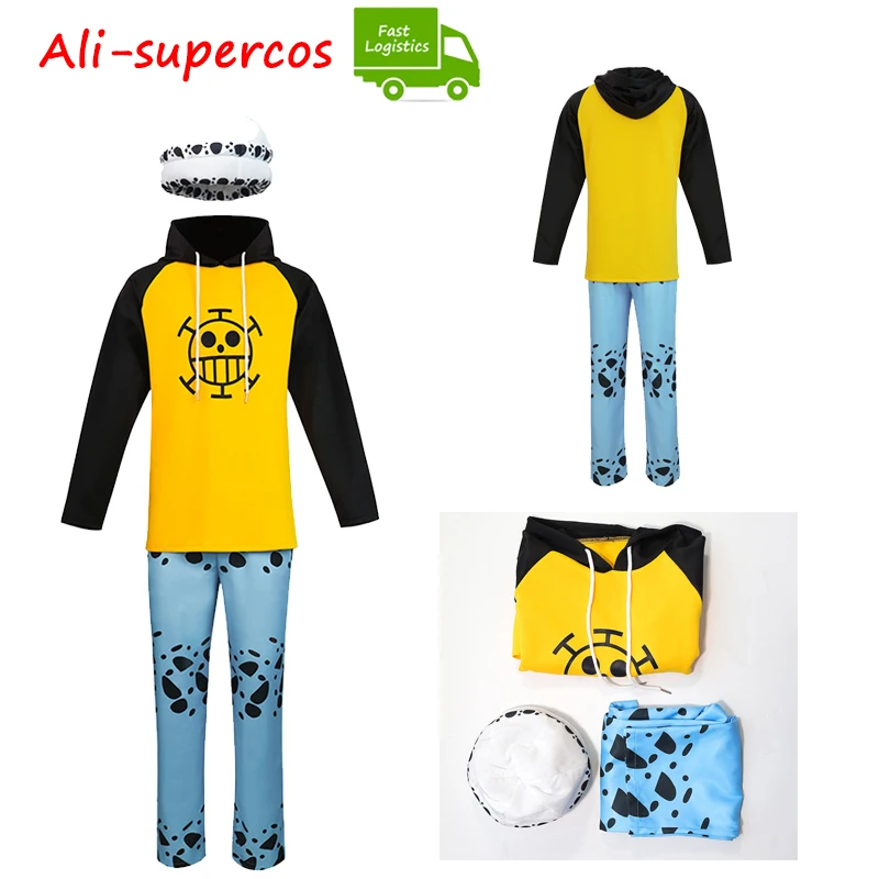 

Men Trafalgar D Water Law Cosplay Anime Costume One Cos Piece Role Outfits Hoodies Hat Pants Set Halloween Party Disguise Suit