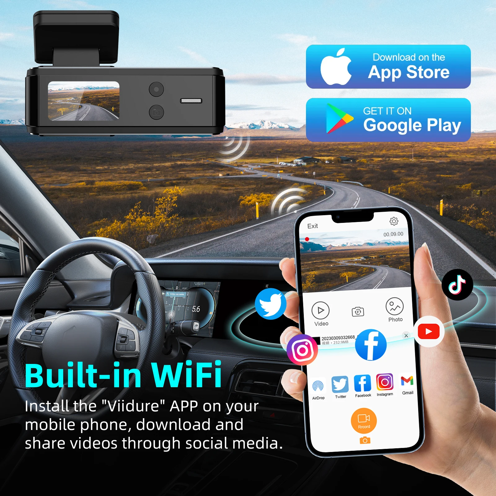 Dash Cam Aprilboy K8 WIFI Car 4K 2160P Car DVR Front and Rear Dual Lens Auto Camera with Night Vision G-Sensor 24H Monitor