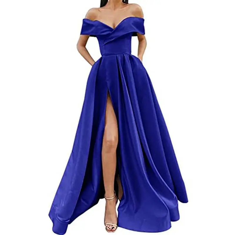 A Line Satin Spaghetti Pleat V Neck Evening Bridesmaid Dresses Wedding Party Formal Prom Birthday Floor Length Lace Up Back