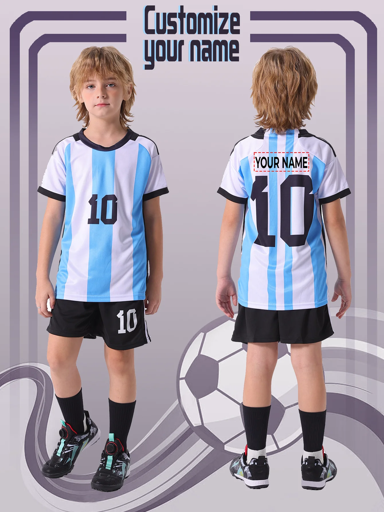 مجموعة زي كرة القدم خفيف الوزن وسريع الجفاف للأطفال والمراهقين للرياضة في الهواء الطلق، رقم ثابت 10، اسم خلفي مخصص