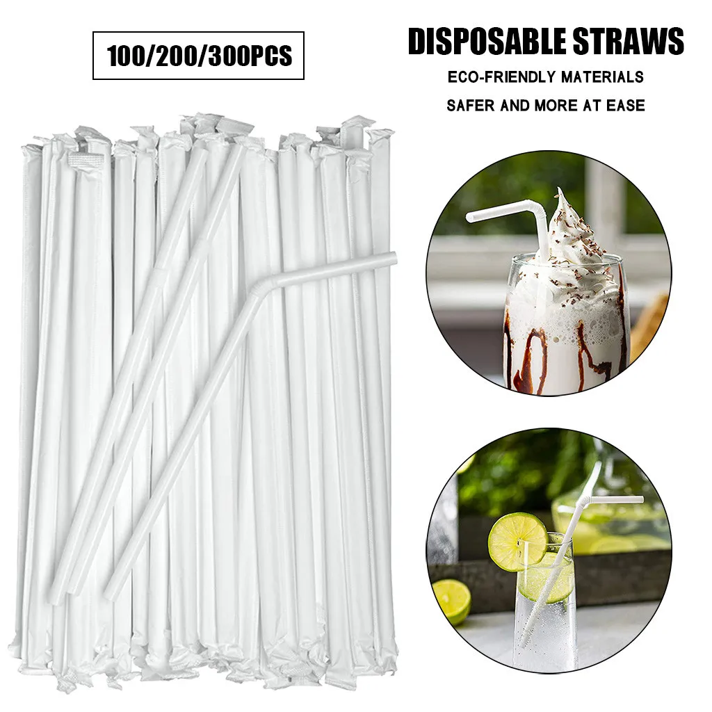 Disposable plastic straws Individually Packaged Plastic Straws White Flexible Straw Juice Yogurt Straw Kitchenware Straws Bar Drink Accessories 100-300PCS