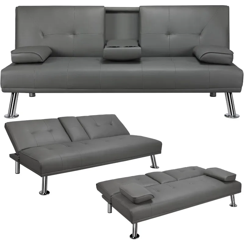 Modern Sofa Bed Faux Leather Sofa Convertible Folding Futon Couch with Armrest Home Recliner Home Furniture