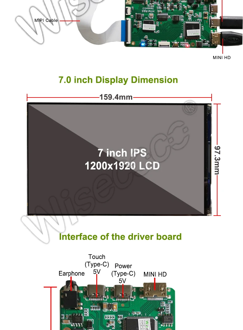 Wisecoco 7 polegada ips display 1920x1200 tft