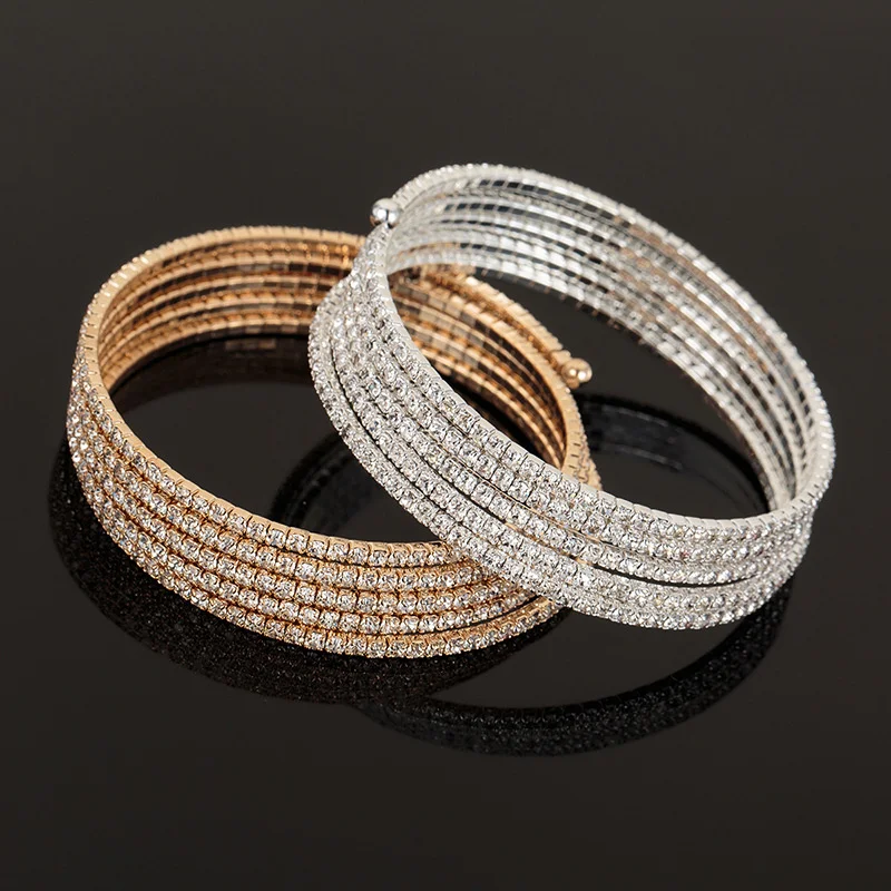 Crystal Bracelet 4/5/8 Rows Full Crystal Rhinestone Elastic Bracelet Gold Bangle Wristband Women Wedding Bridal Jewelry