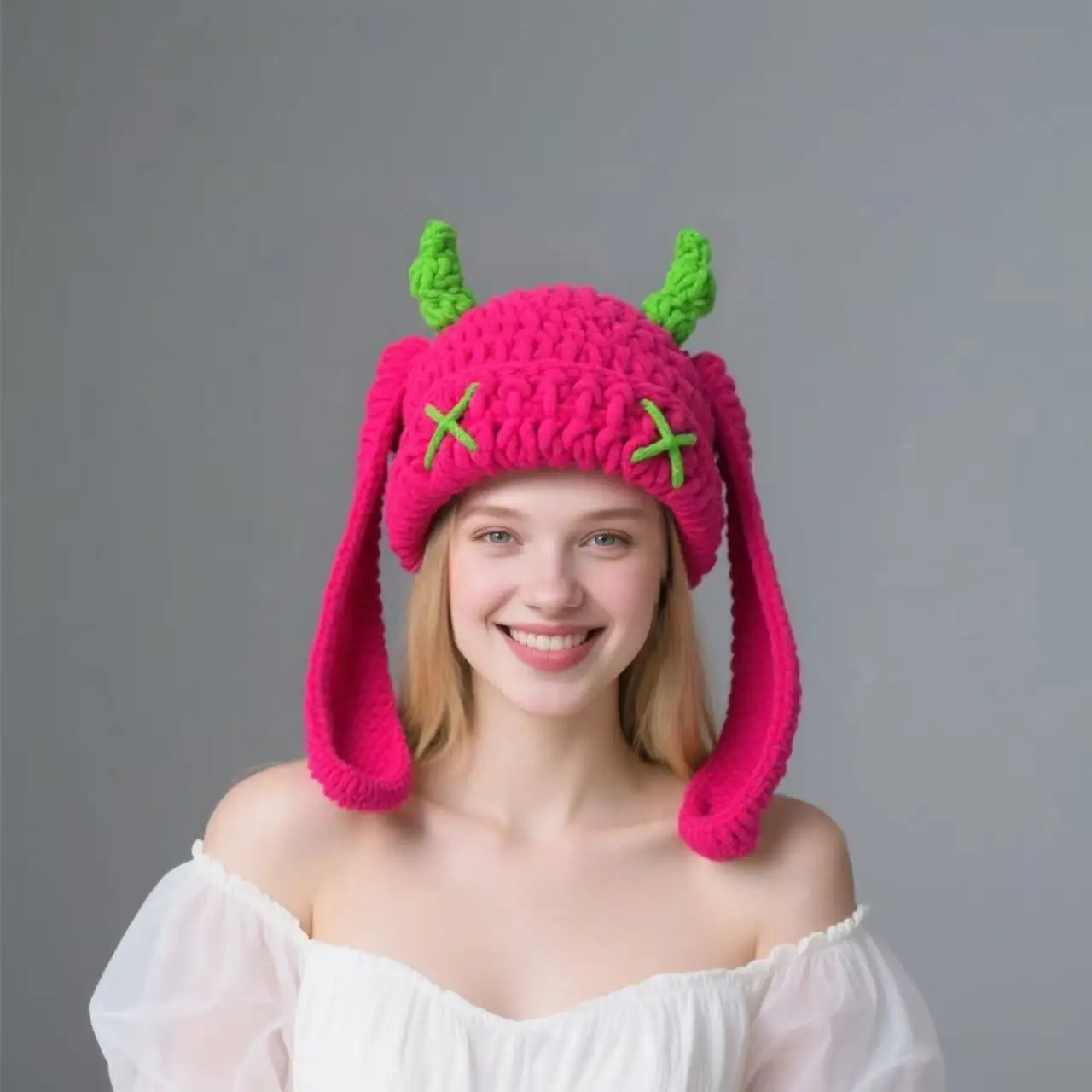 Handgehäkelte Teufelshorn-Strickmütze, Modische Herbst- und Winter-Wollmütze, Dick und Warm, Weich im Griff, Langohr-Kaninchen-Design, Trendige und Einzigartige Beanie, eine Wahl für kaltes Wetter, Geeignet für Alltags-Outfits im Casual-Stil. – Detail 14