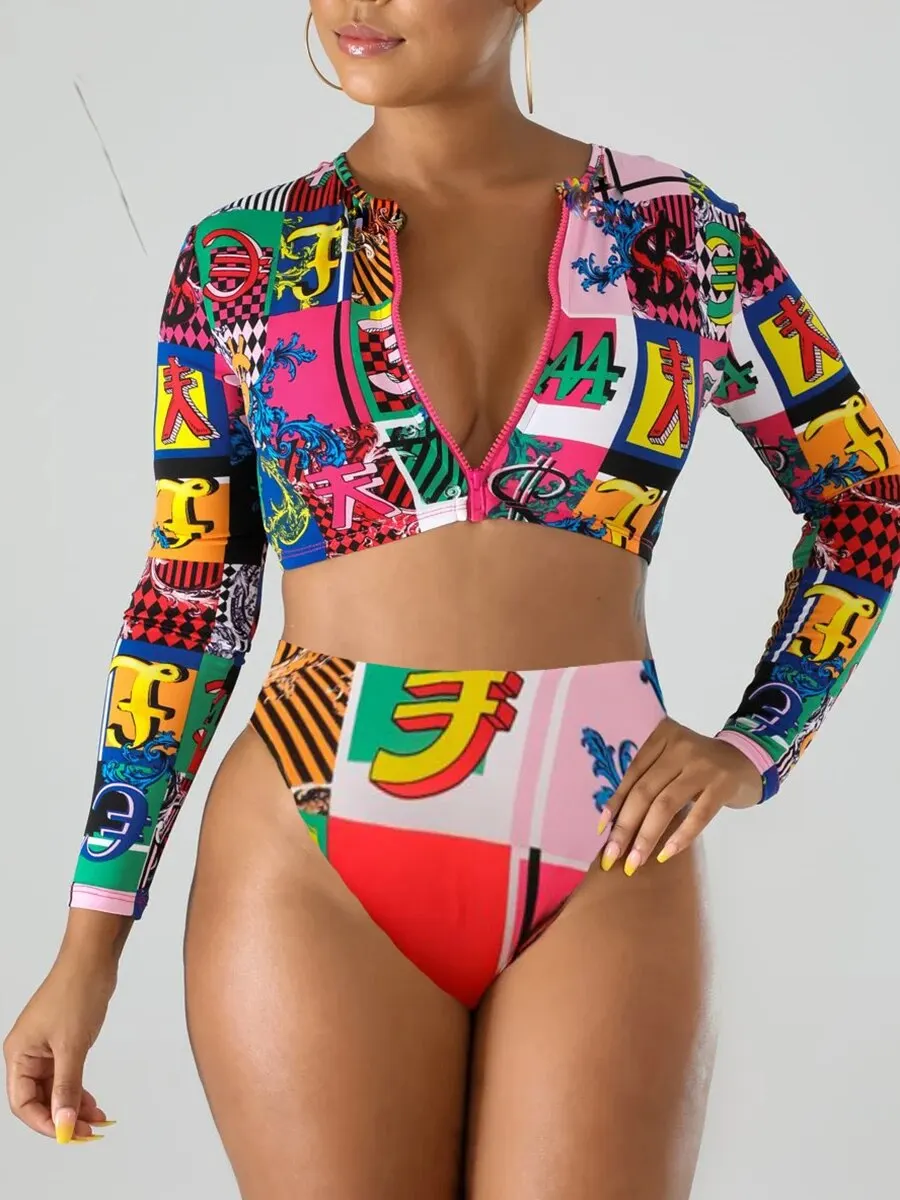 Surf Swimsuit Long Sleeve Printed Swimwear Women Zipper Two Piece Rashguard Diving Clothes Bathing Swimming Suit