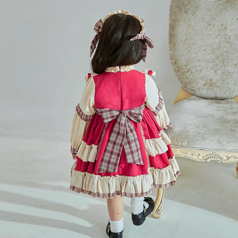 Lolita Girl Kawaii Costume with Bowknot Princess Christmas Ball Gown Party Baby Dresses Headdress Cute New Year Red Shaggy Skirt