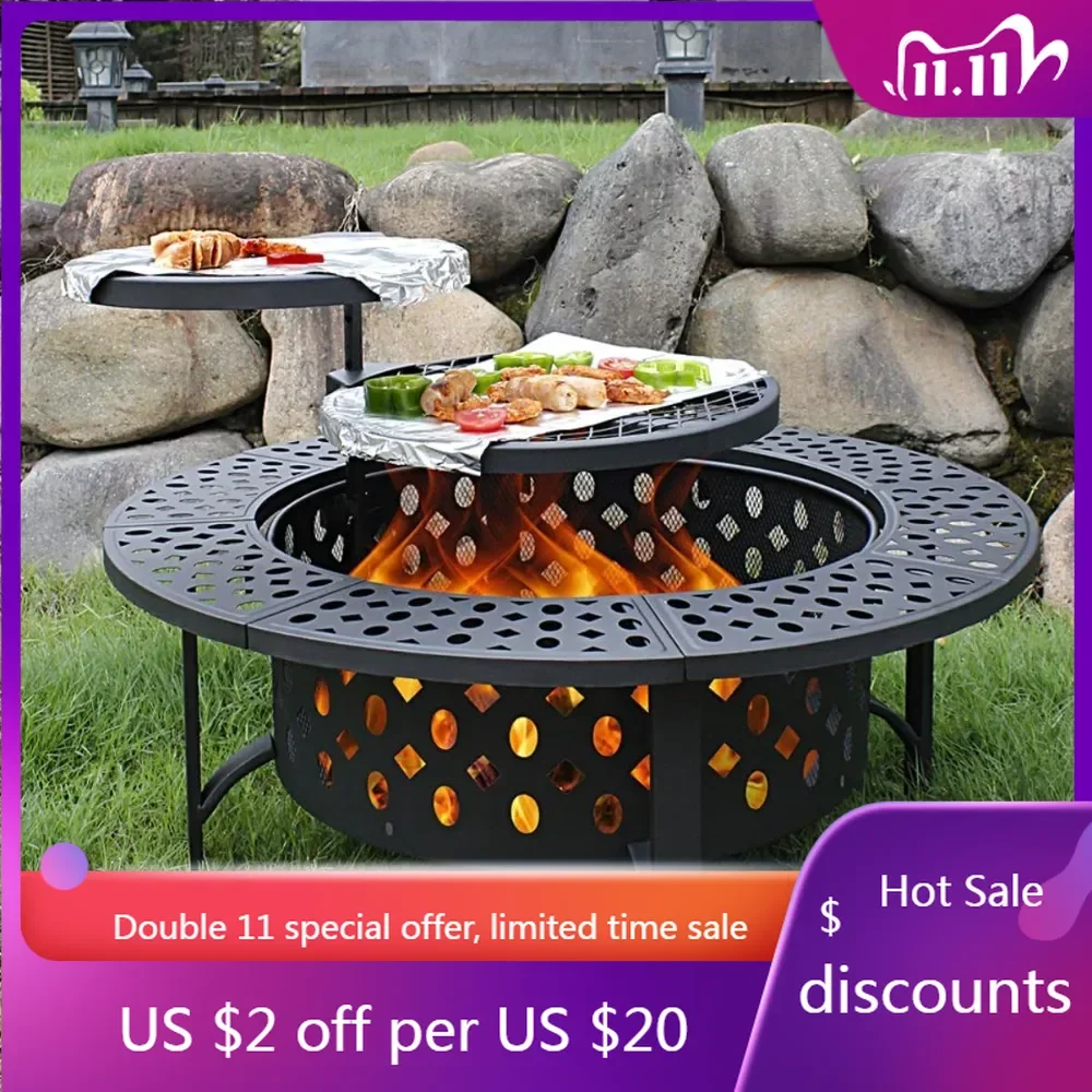 42 Inch Fire Pit with 2 Grills, Extra Large Wood Burning Fire Pits for Outside with Lid & Poker, Heavy Duty Firepit,BBQ