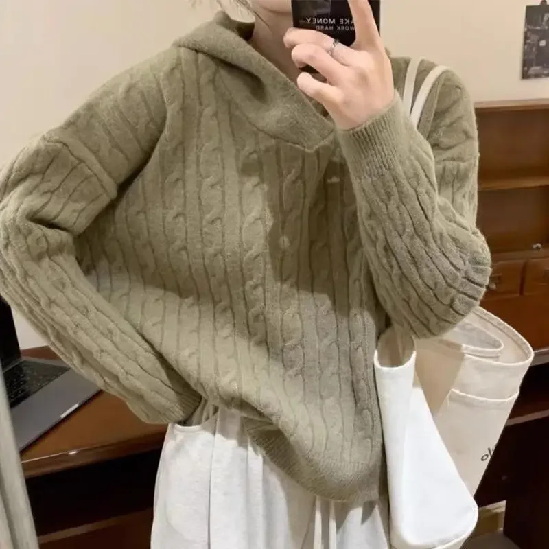 

Hooded Pullovers Women Gentle Loose Winter Design Ulzzang Leisure Students Pure Chic Knitted Harajuku Vibe Retro Cozy Sweet