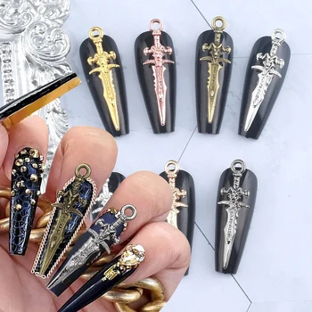 10Pcs Mix Sword Nail Charms Retro Nail Art Punk Silver Gold Gothic Bloody Knife Design Manicure Rhinestones Decoration Parts 1