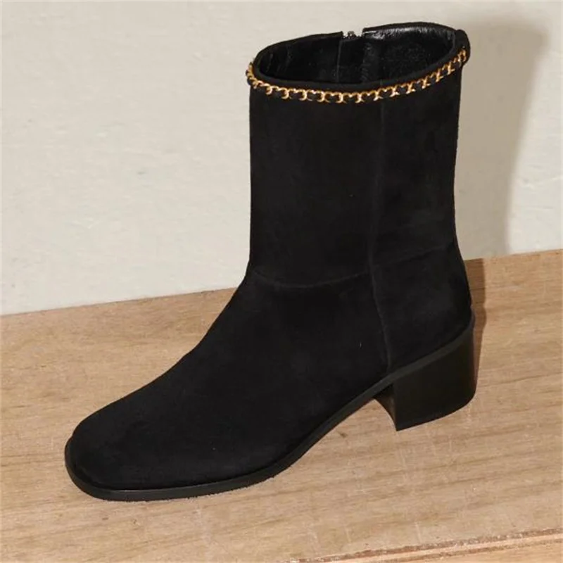 

Chain Shoes for Ladies Square Toes Women's Sewing Lines Churry High Heels Leather Short Botos Black Velvet Female Solid Botas