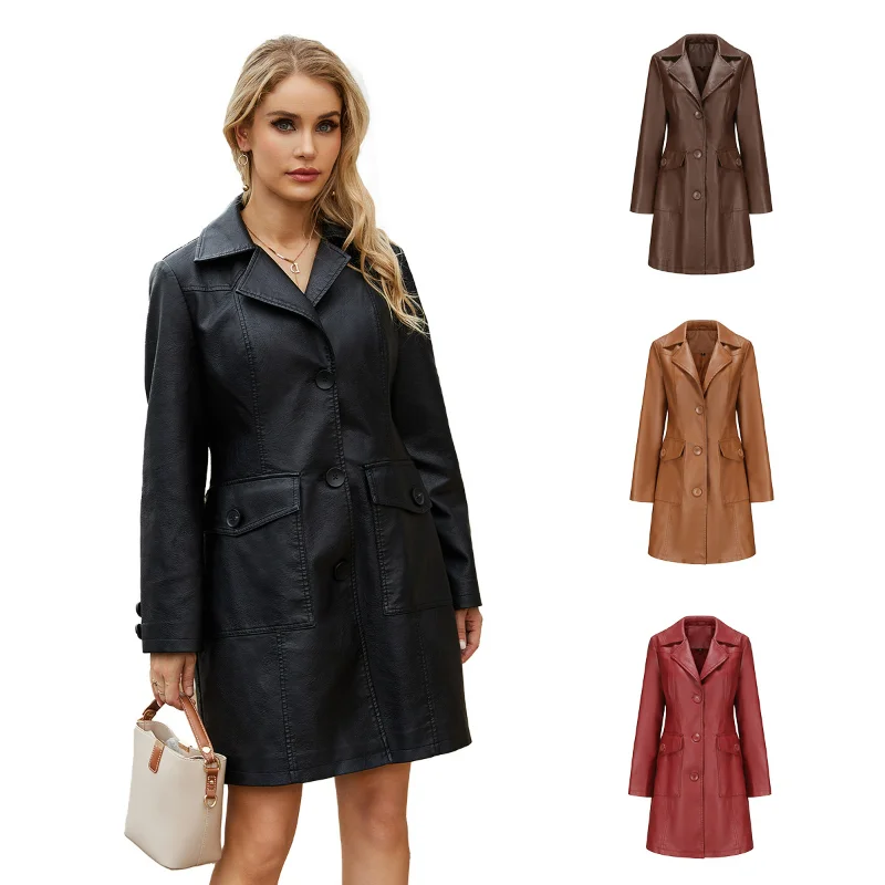 

Women Lapel Long Coats Artificial Leather PU Spring Autumn Windbreaker Fashion Clothing British Jackets Camel Commuting Trench