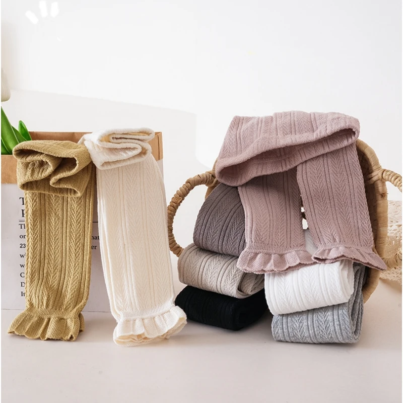 Spring Autumn Baby Girls Stretch Tight Leggings Cotton Solid Ruffle Ribbed Toddler Kid Pants for 1-8 years girl leggings kids tights