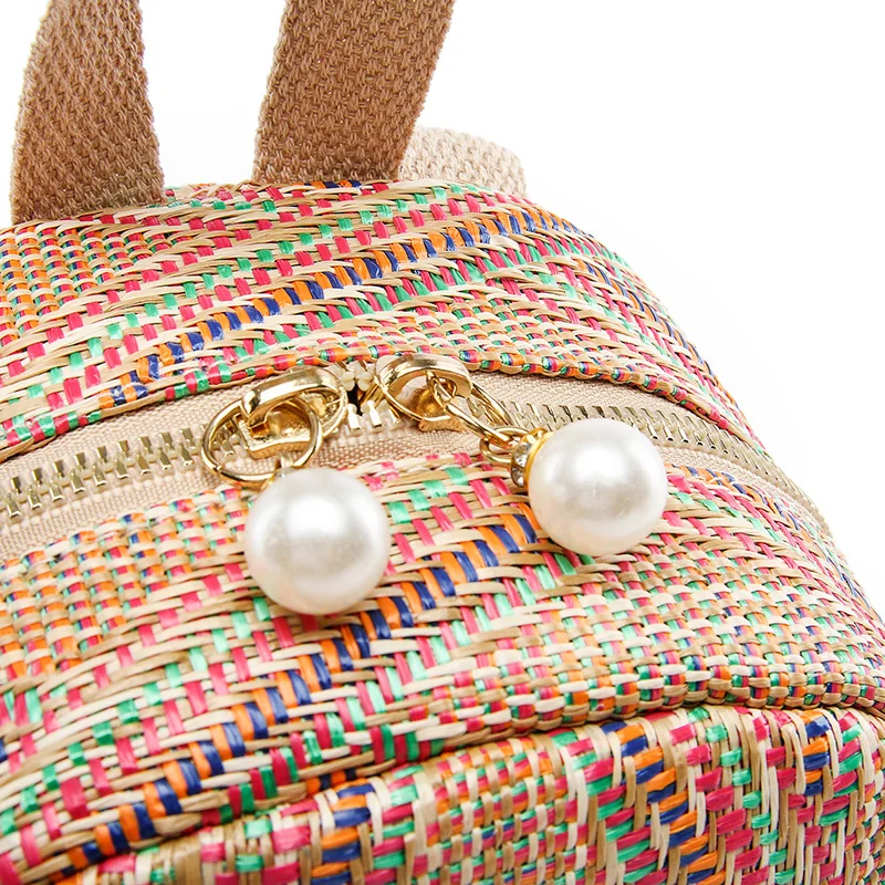 New Women Straw Backpack Rucksack Geometric Tassel Travel Bag Korean Version Girls Student Bags Casual Zipper Softback Backpack 2