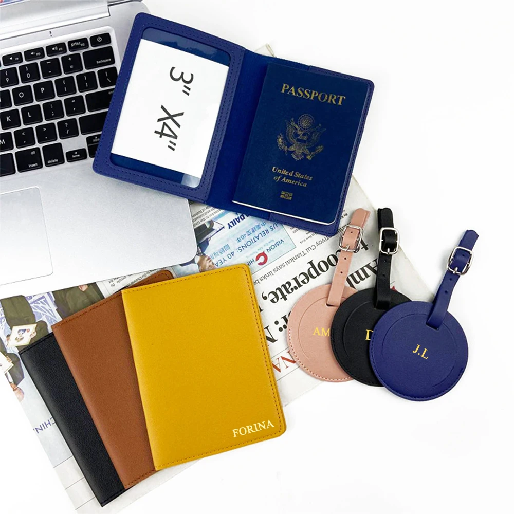 Free Custom Name Travel Passport Holder Luggage Tag Set PU Leather