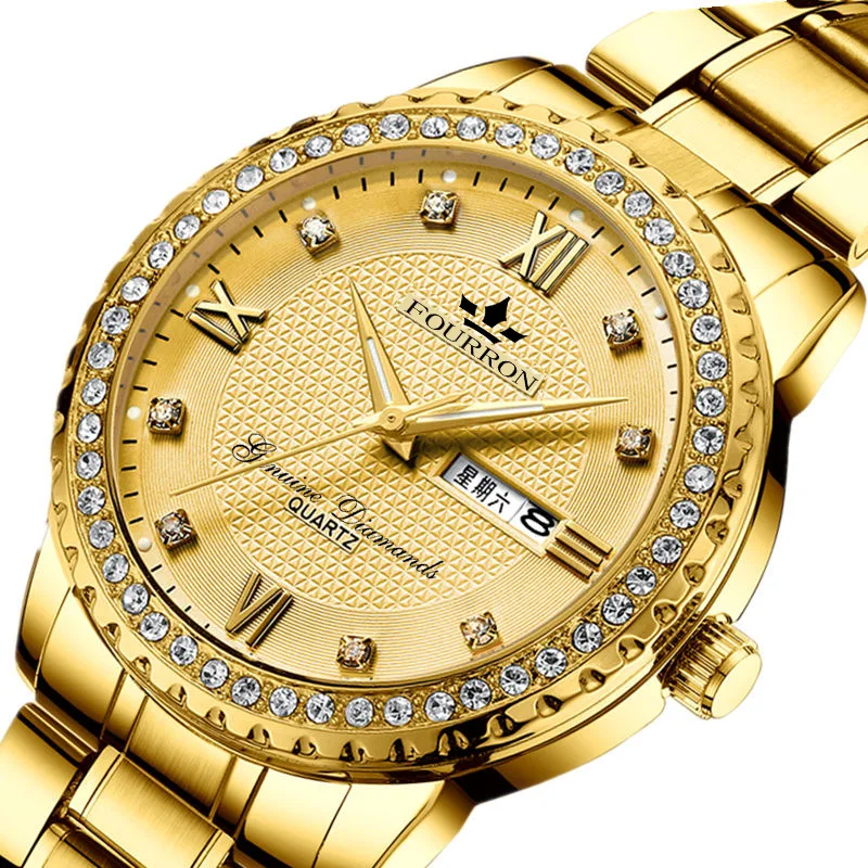 

Men's diamond inlaid all gold watch Double calendar luminous fashion waterproof thin business steel band watch Men's wrist watch