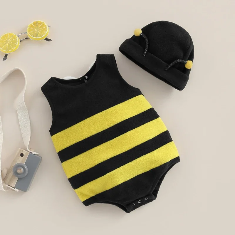Baby Boys Girls Bee Romper Stripe Sleeveless Back White Wing Decor Jumpsuits Casual Costume Clothes Infant Bodysuits with Hat 3