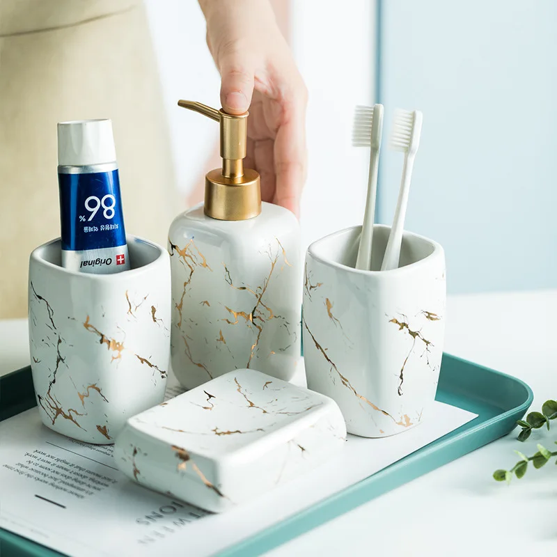 Nordic Matte Golden Ceramics Bathroom Toiletries Set Toiletries Cup Soap Dish Soap Dispenser Toothbrush Holder Tumbler