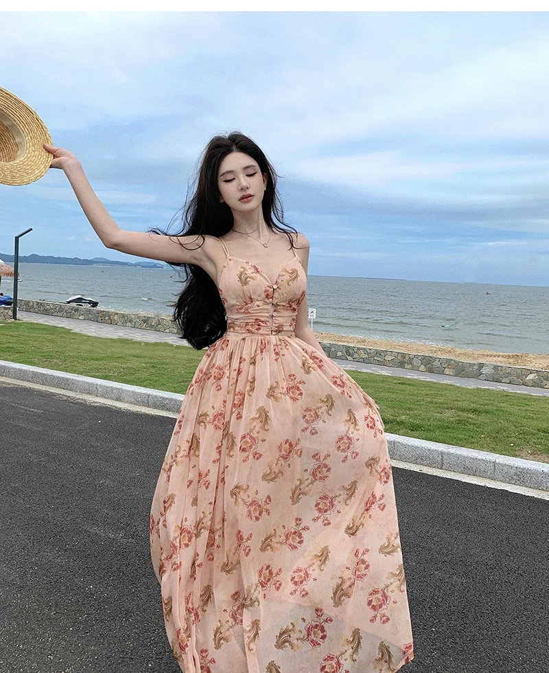 Summer New Spaghetti Strap Floral Long Dresses for Women Backless A-line Beach Style Korean Fashion Party Dress Casual Vestidos