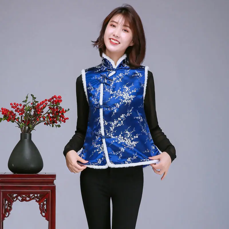 Chinese Style Top China New Year Traditional Clothing 16Colour Women Tang Suit For Adult Winter Cotton Fur Thick Hanfu Vest