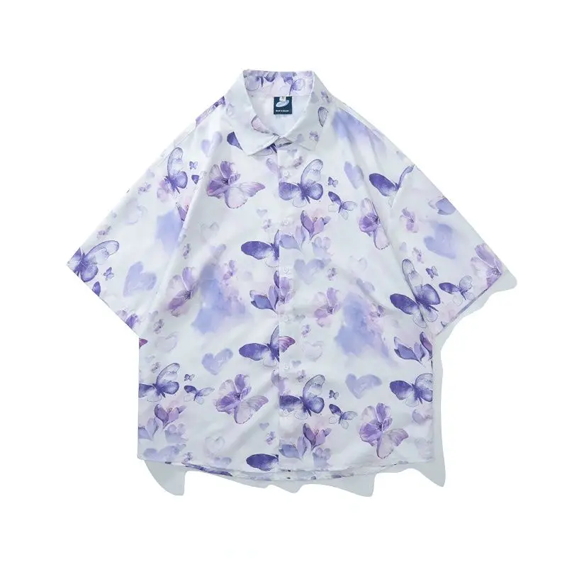 

Contrast Butterfly Print New Mens Oversize Short Sleeve Shirt for 2023 Spring and Autumn Couple