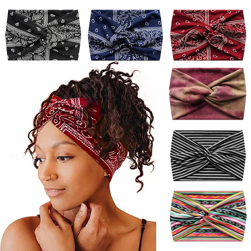 18cm Wide Knotted Headbands Cashew Flower Striped Turban Headwrap Sweat